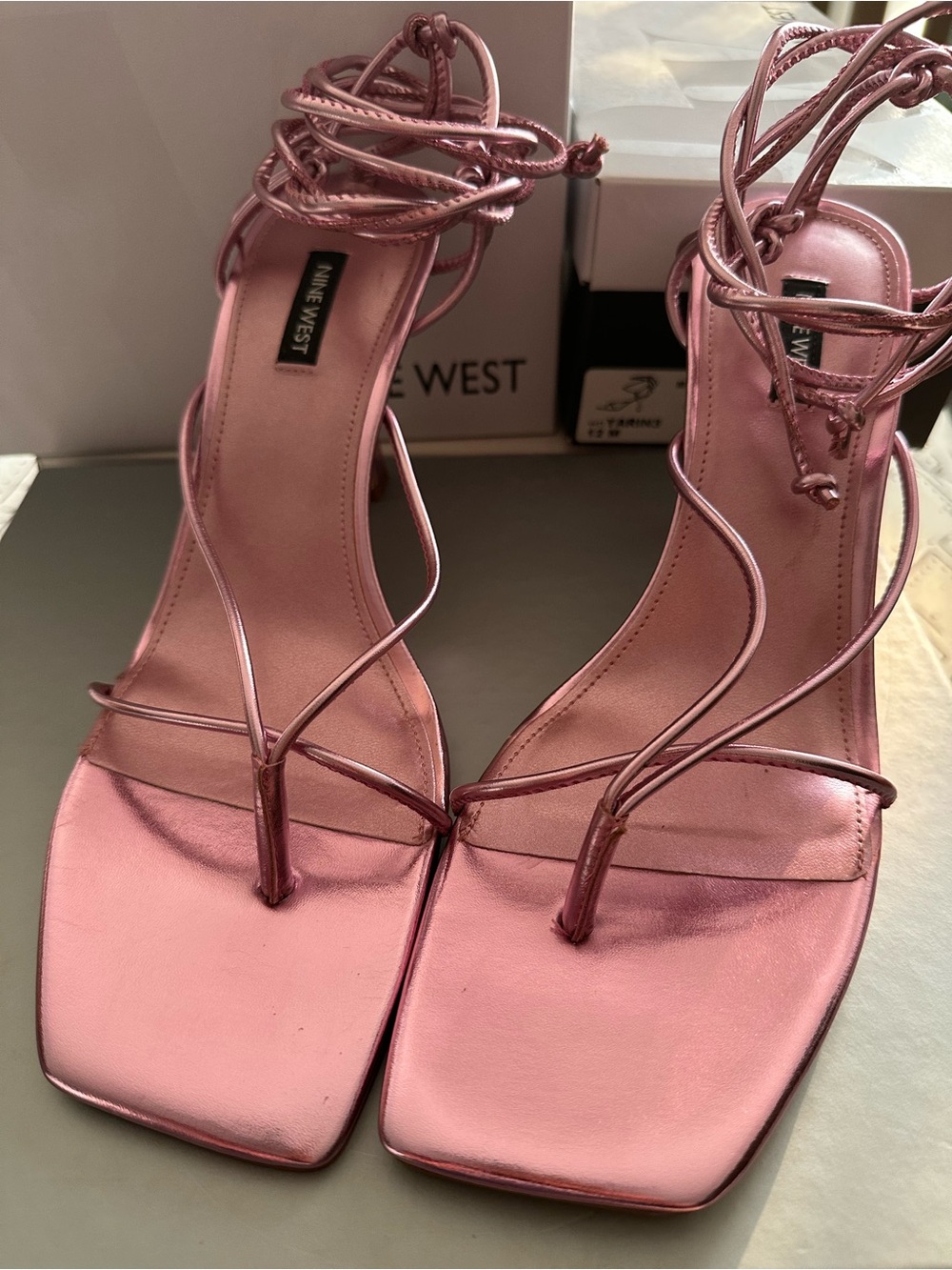 Nine West Yarin; medium pink.Metallic Rose Pink Lace-Up Sandals (Metallic Pink)